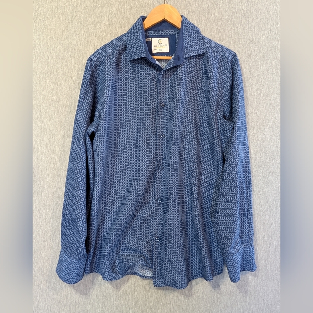Suslo Couture Luxury Button Shirt Men's XL Blue Geometric Slim Fit